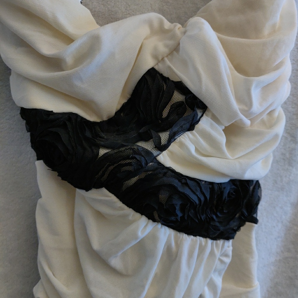 BEBE dress, drapey lace rose